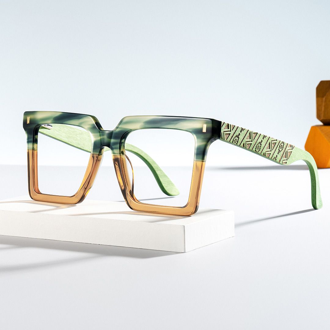 Retro Square Frame Glasses With Wood Temples0