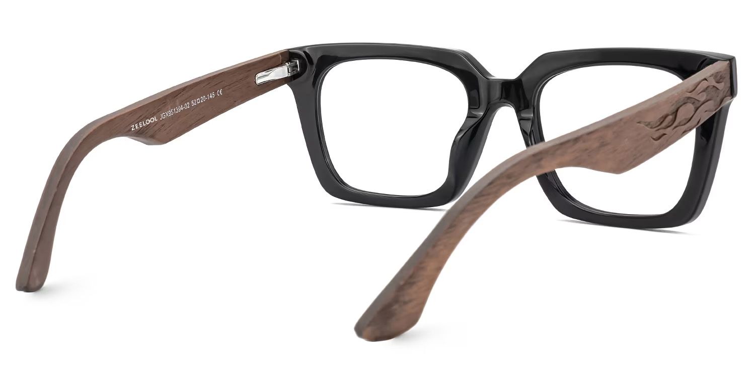 Cabdi Black Square Glasses in Wood Flame Pattern Arms3