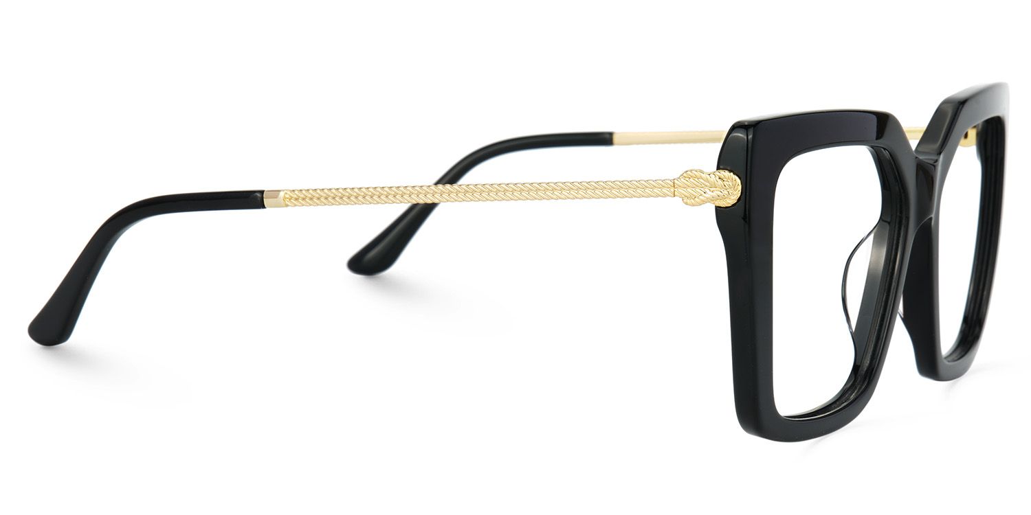 Flora Square Glossy Black Frame Glasses with Gold Arms2