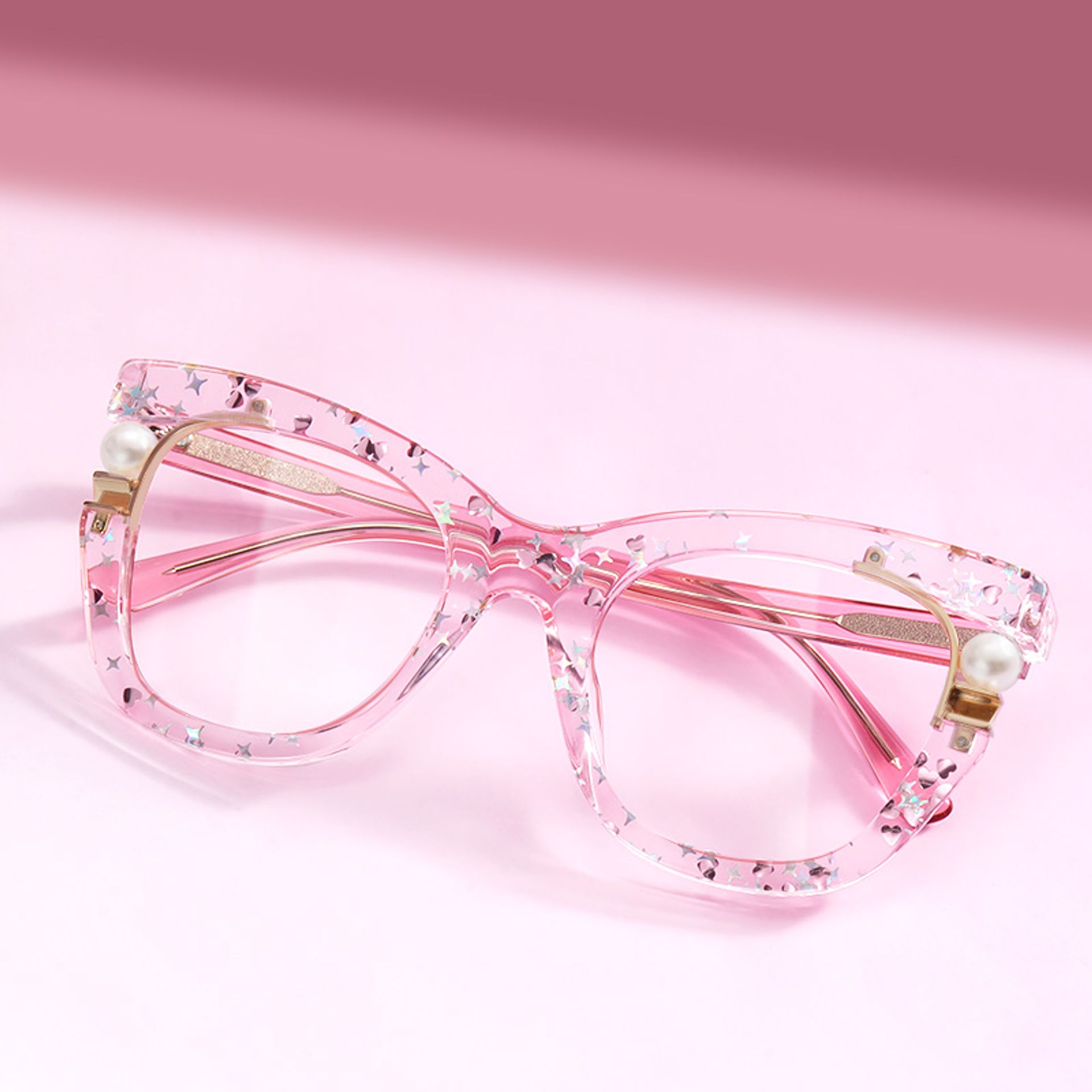 Transparent Pink Glasses with Pearl and Glitter Stars0