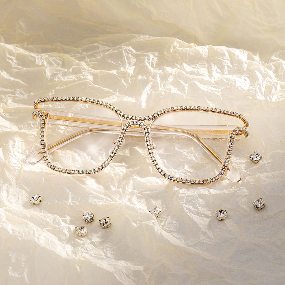Half Rim Square Glasses With Decorated Shiny Diamonds0
