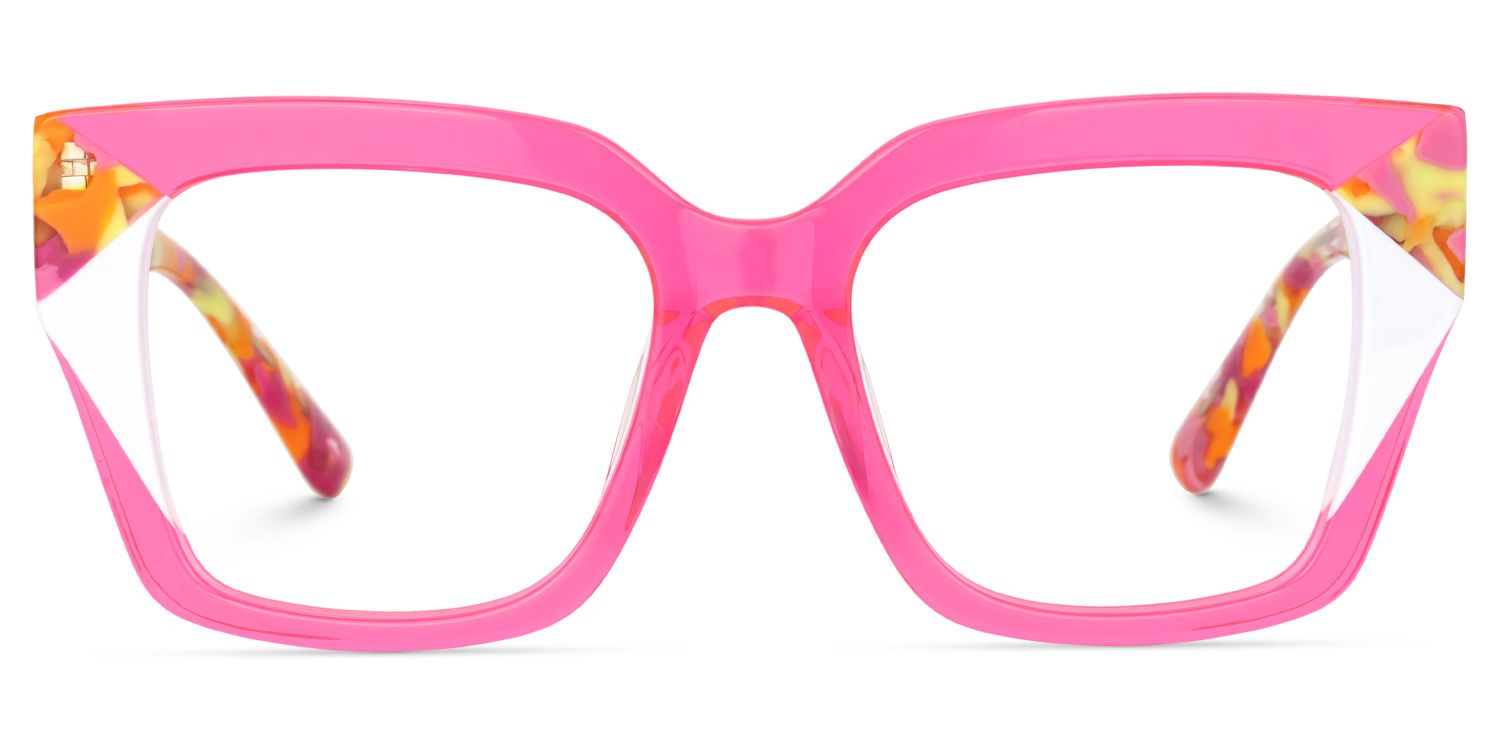 Clody Neon Pink Square Glasses with Wide Floral Arms0