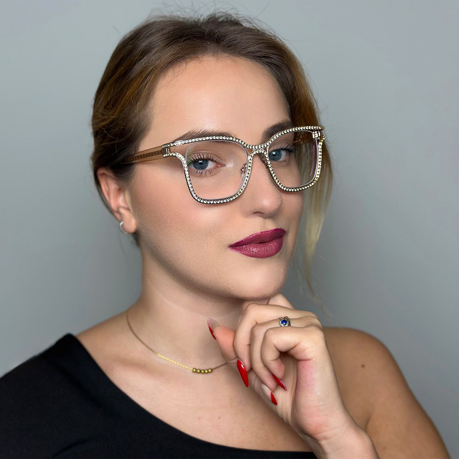 Half Rim Square Glasses With Decorated Shiny Diamonds11