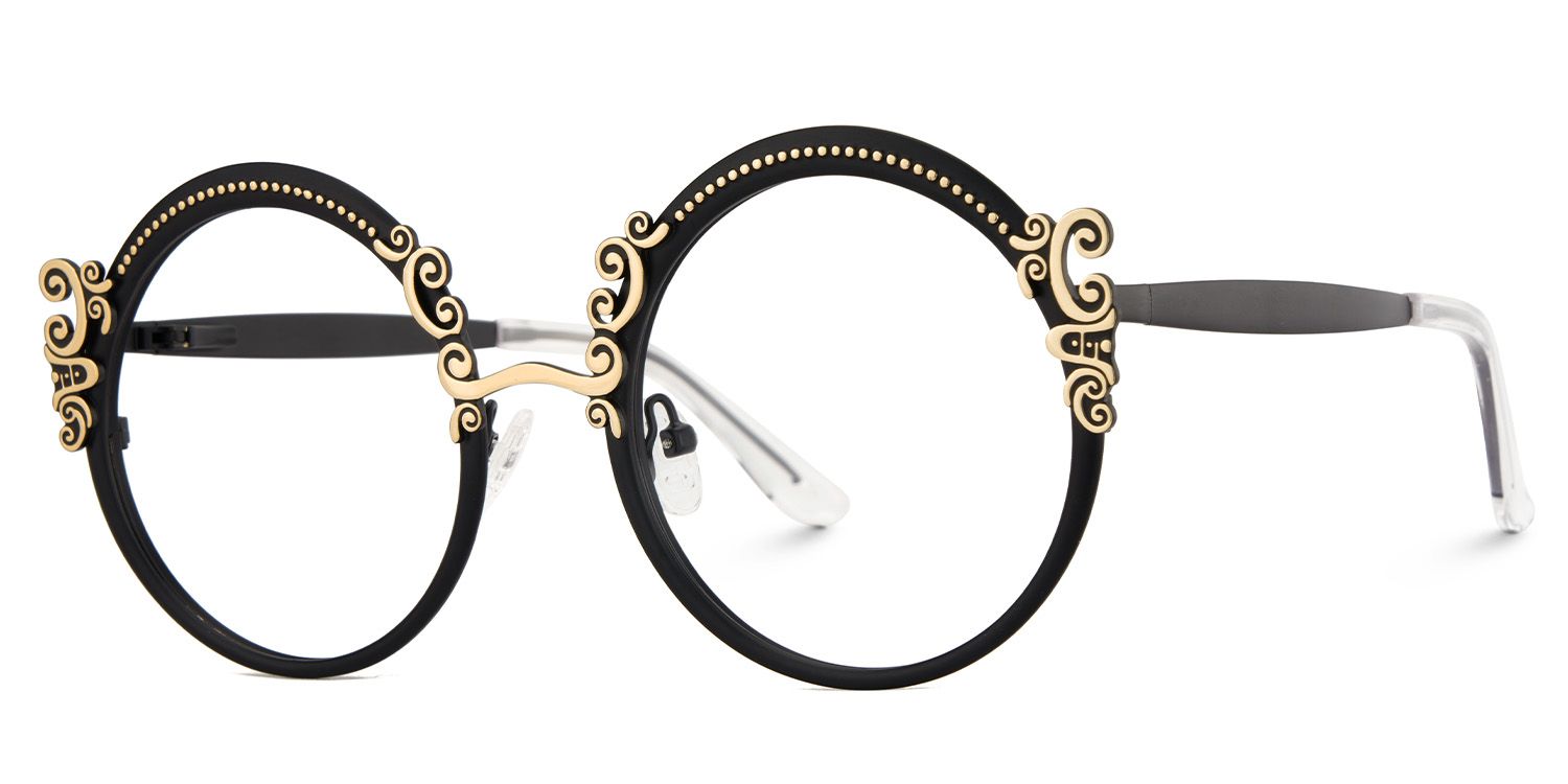 Black Retro Round Glasses With Carved Floral Pattern2