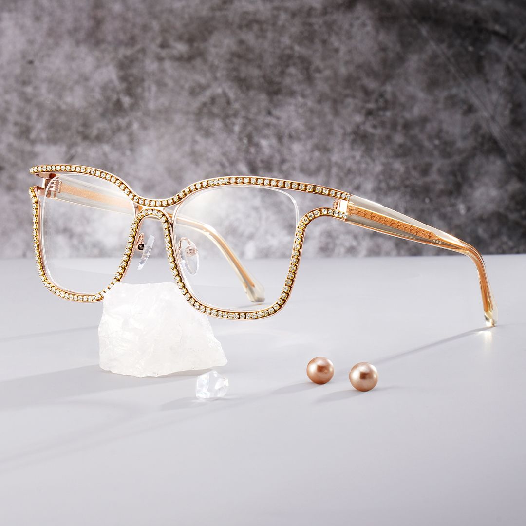 Half Rim Square Glasses With Decorated Shiny Diamonds0