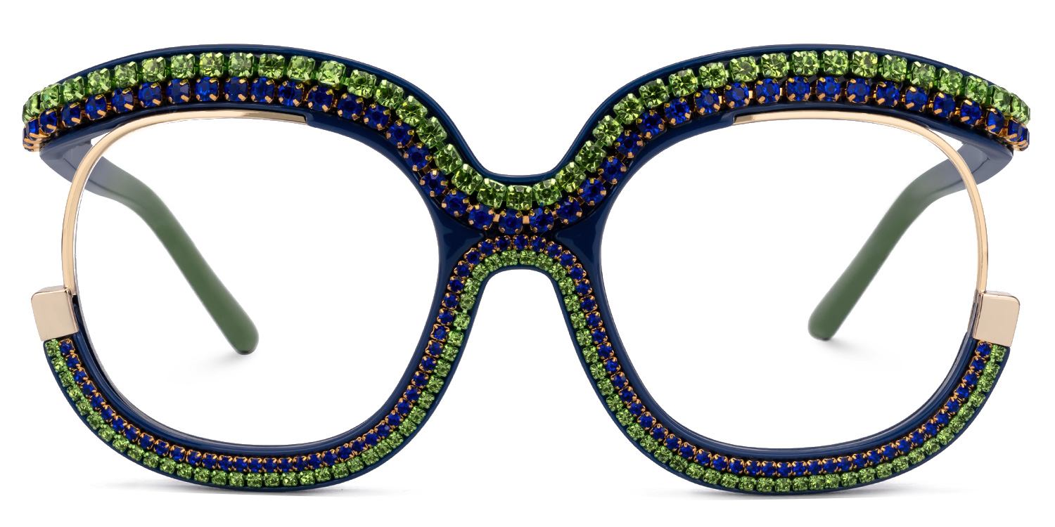 Green & Blue Rhinestone Frame -Veasley Square Glasses0