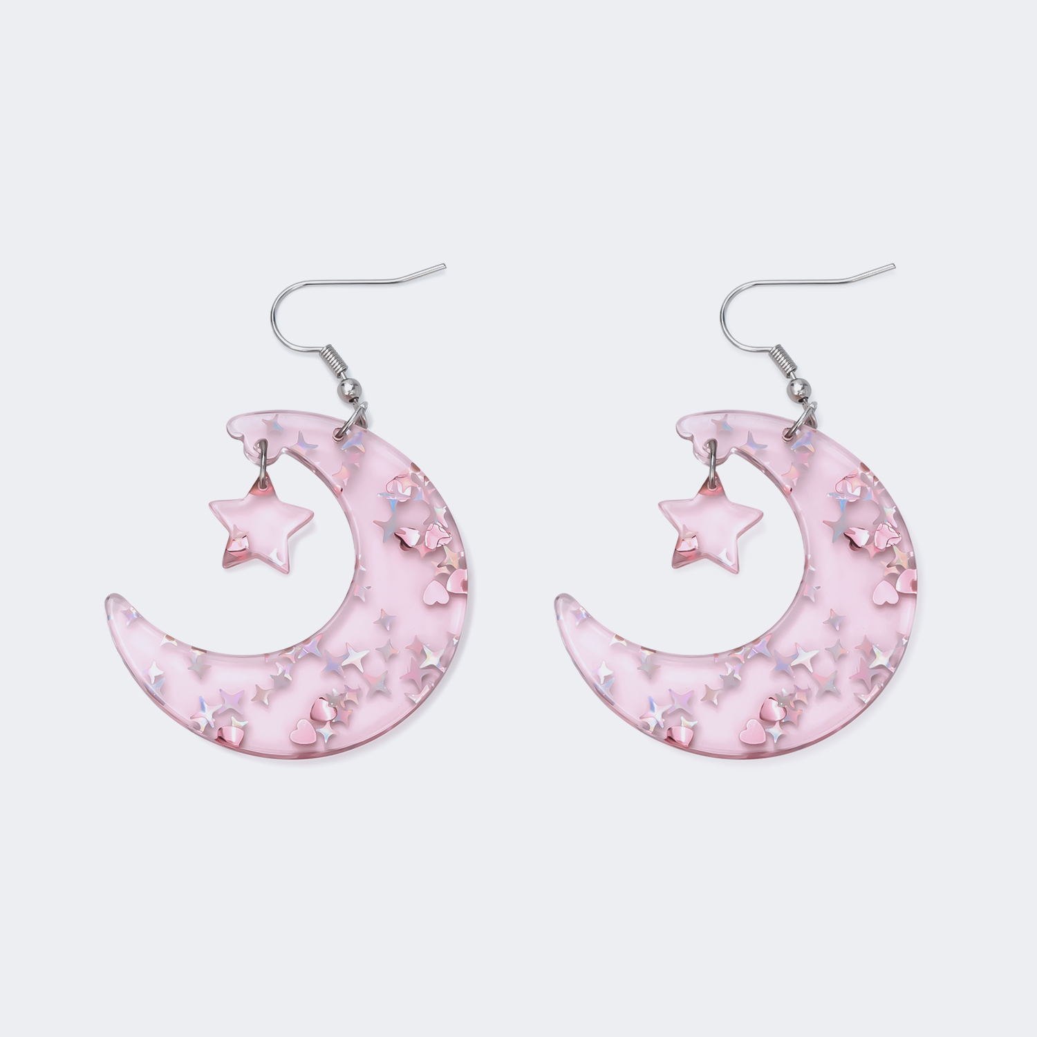 Pink Crystal Moon Earrings with Sparkling Stars0