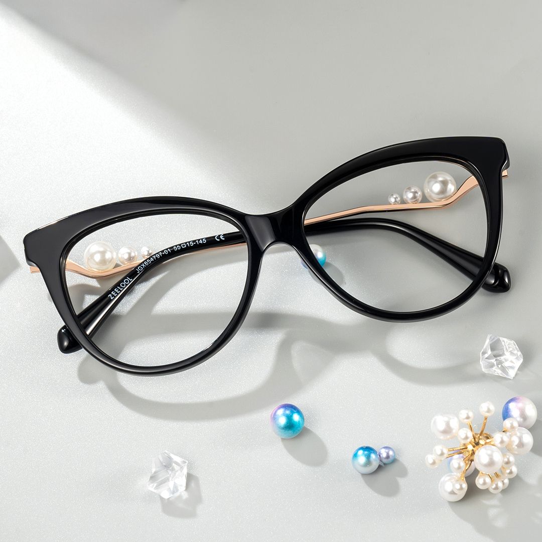 Buy Black Sparkly Cat Eye Glasses With Pearl | ZEELOOL UK1