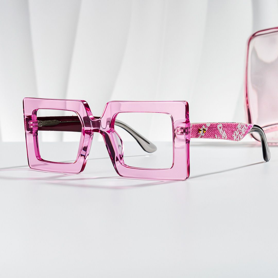 Transparent Pink Chunky Square Glasses with Denim Temples0
