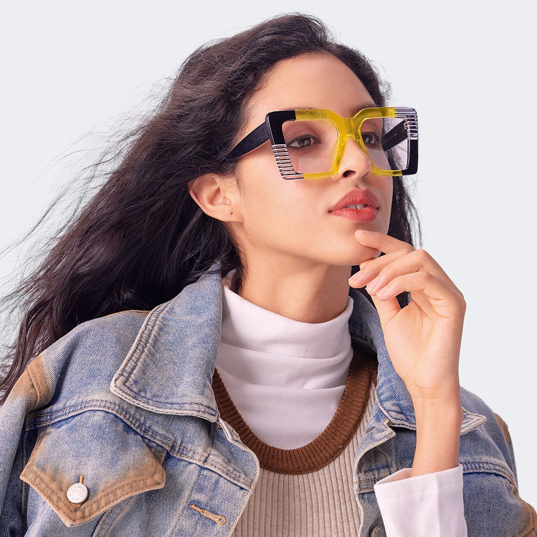 Shamika Large Black and Yellow Eyeglasses with Rectangle Frames | ZEELOOL UK5