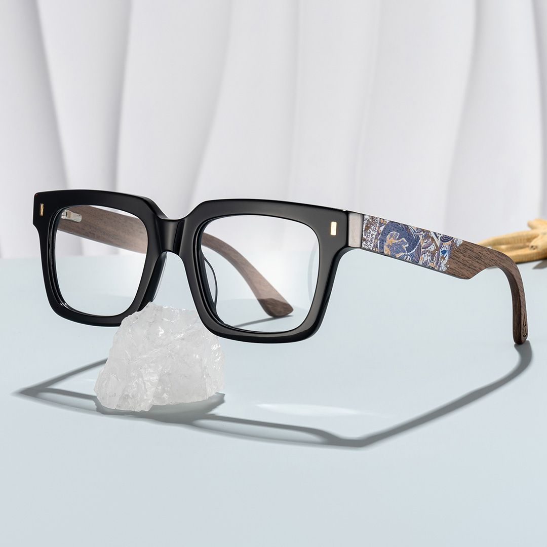 Black Rectangle Glasses With Wood Temples For Men0