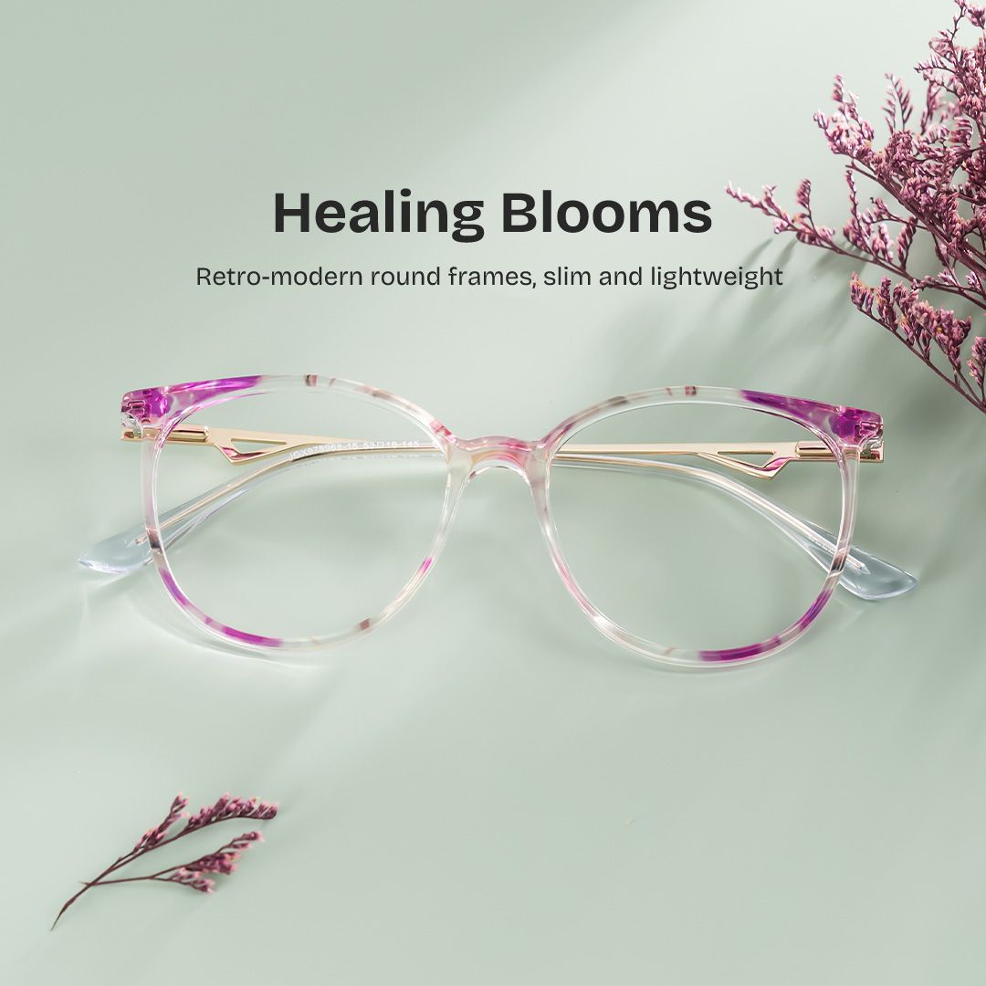 Chanty Floral Eyeglass Frames - Purple Round Mixed Glasses | ZEELOOL0