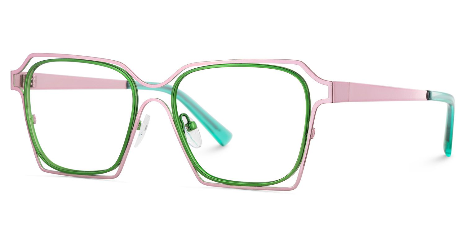Foday Pink Green  Metal Frame Glasses With Geometric Shape2