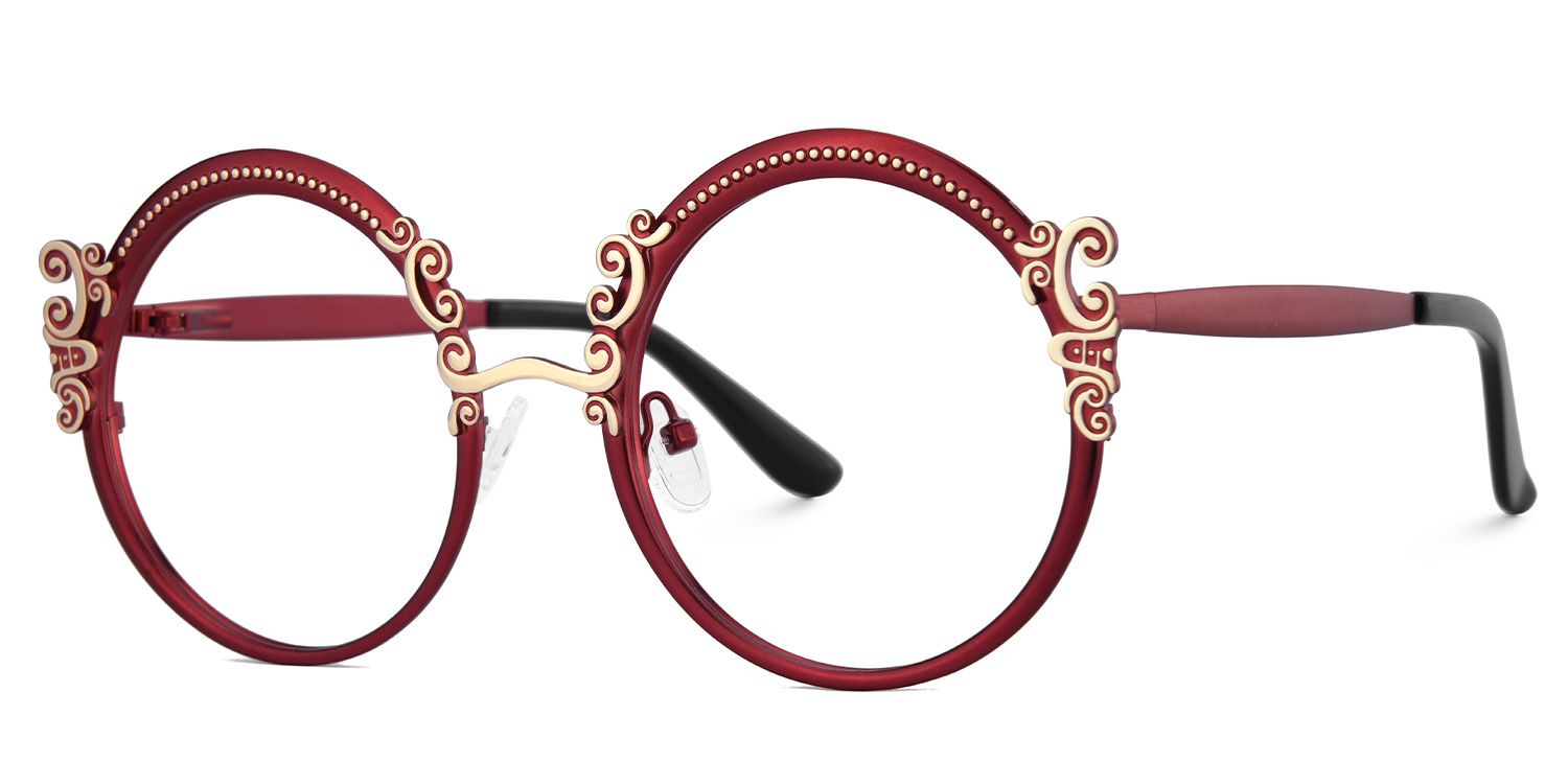 Red Round Glasses Frames With Carved Floral Pattern3
