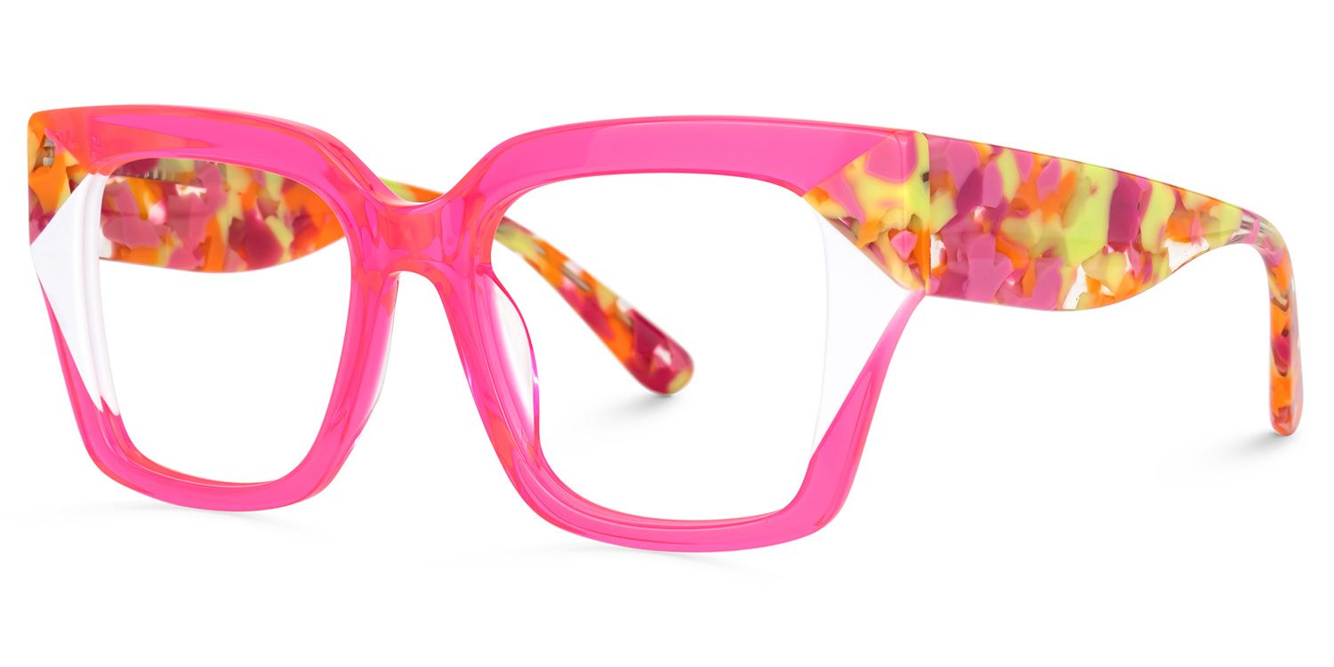 Clody Neon Pink Square Glasses with Wide Floral Arms1