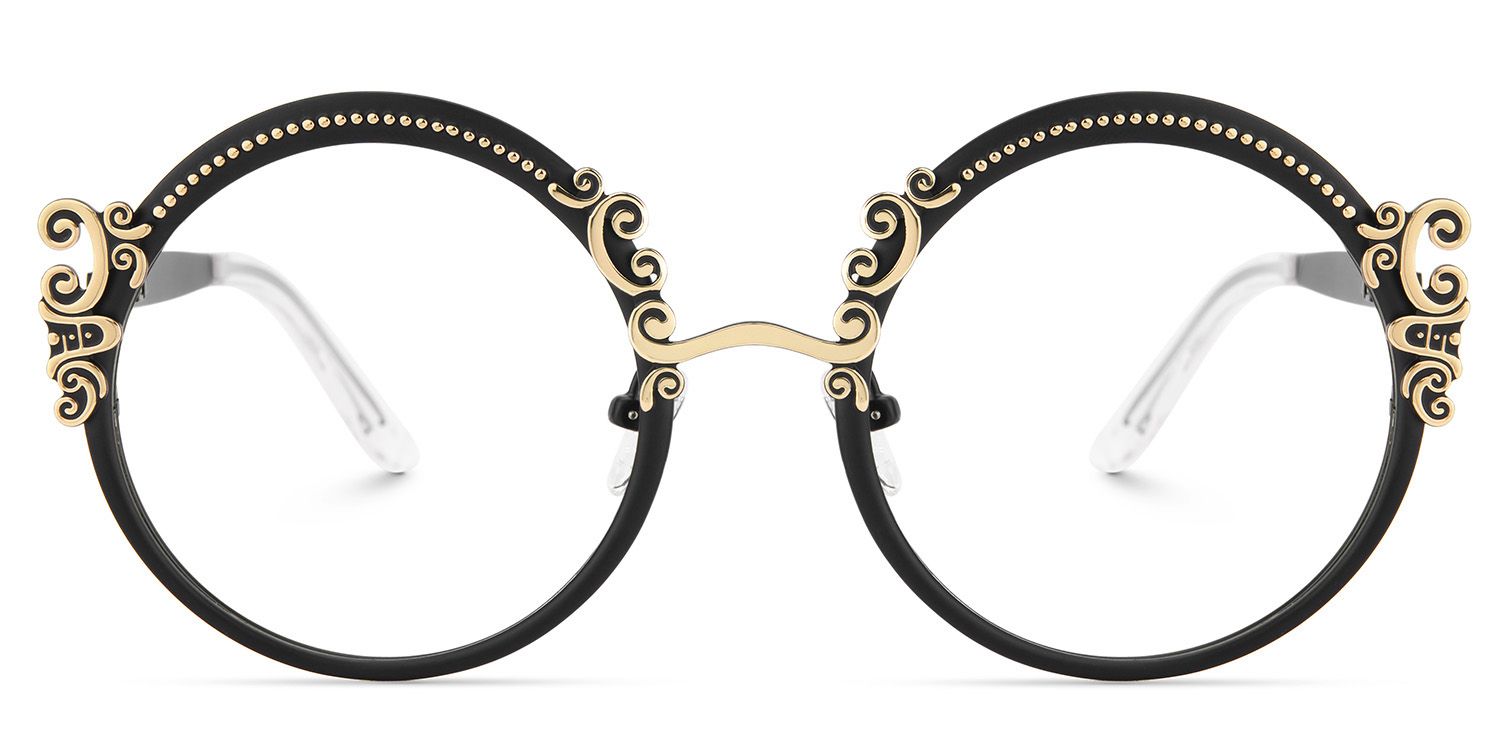 Black Retro Round Glasses With Carved Floral Pattern0