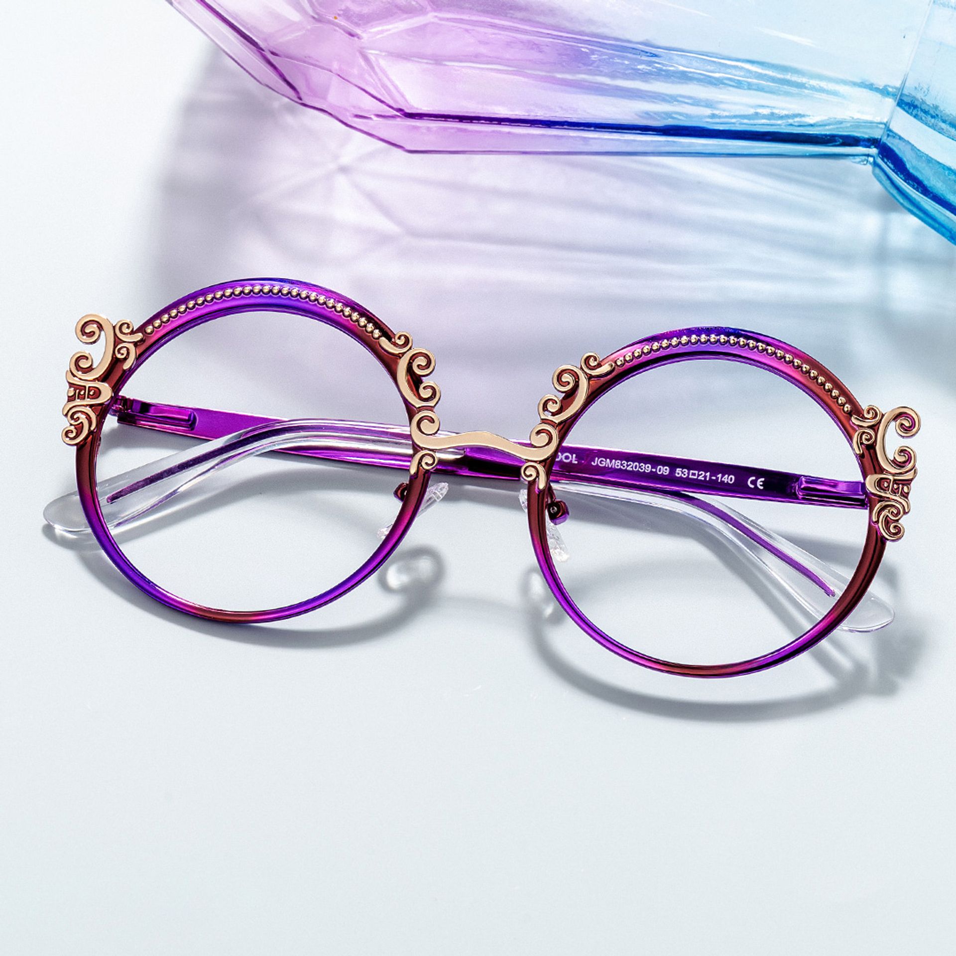 Purple Metal Eyeglasses For Women With Carved Floral Pattern0