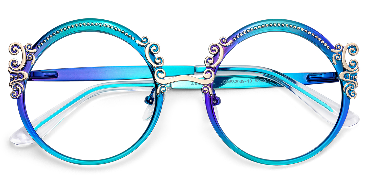 Blue Retro Round Glasses With Carved Floral Pattern2