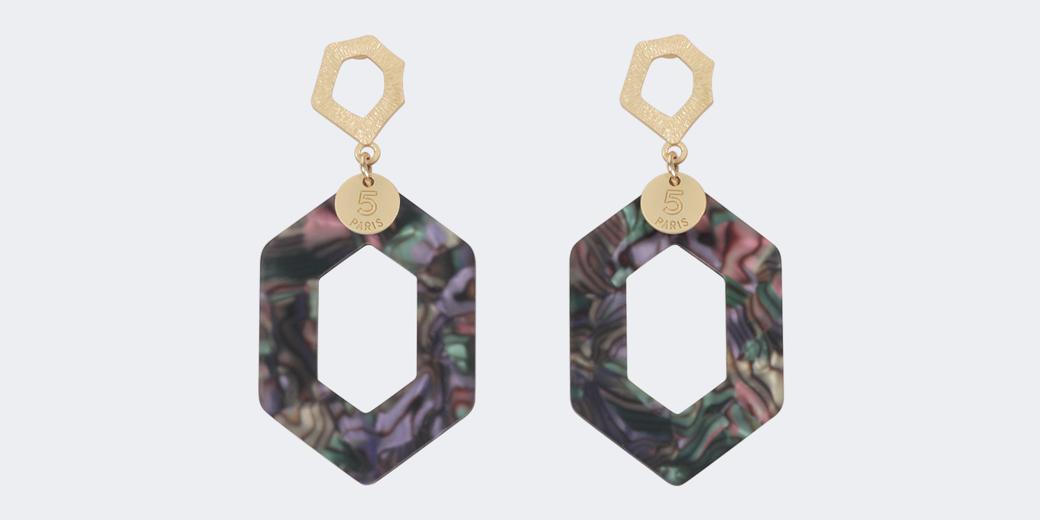 Vintage Hexagon Shaped Purple Stripe Earrings2