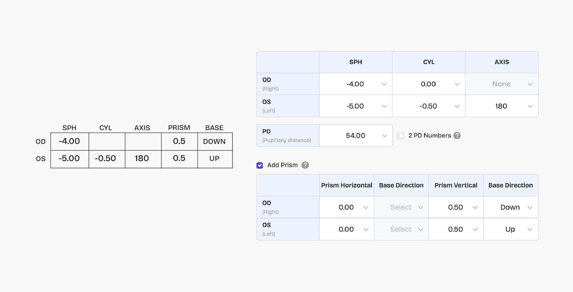 Single vision prescription with prism example 1
